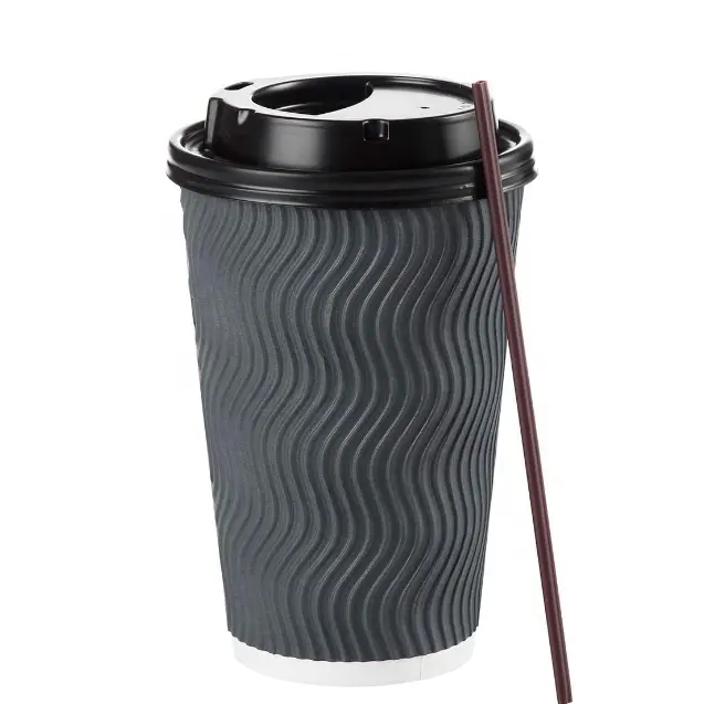 Yüksek kaliteli biyobozunur tek kullanımlık kahve dalgalanma duvar tek kullanımlık kağıt kahve kapaklı kupa ve kol