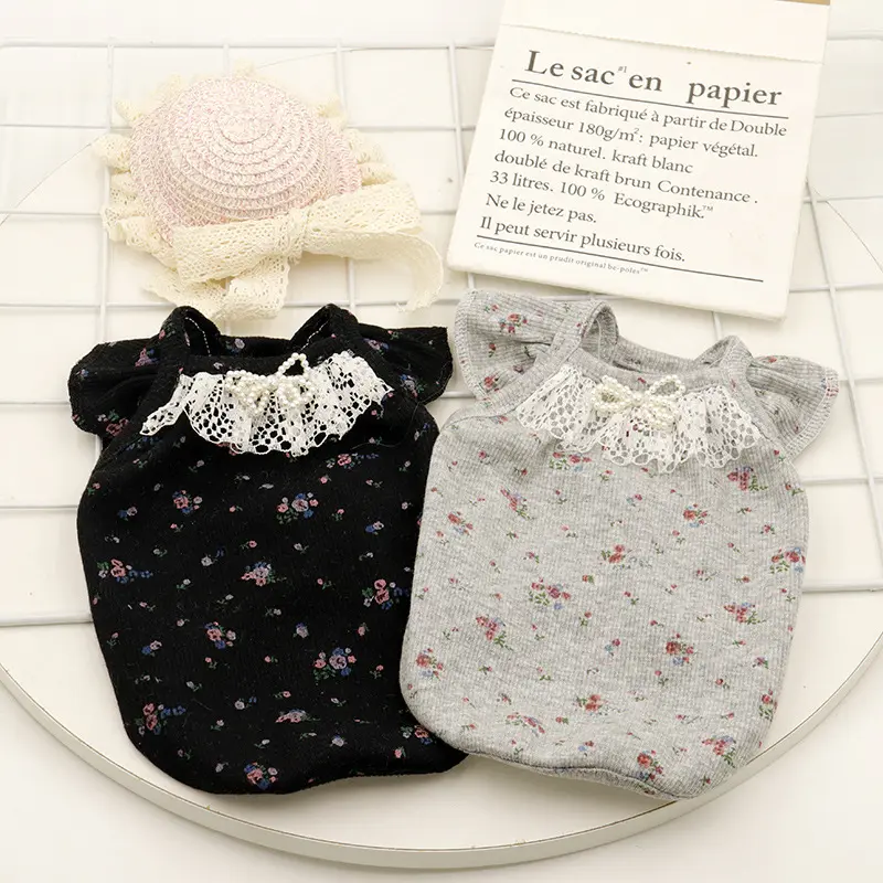 Roupas para cães pequenos e gatos florais de pérola coreana japonesa primavera verão - camiseta para animais de estimação