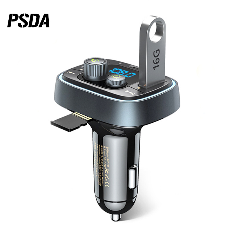 Автомобильный MP3-плеер PSDA, беспроводной 5,0 FM-передатчик, комплект громкой связи Type-C, быстрое зарядное устройство, цветные атмосферные огни, USB-проигрыватель музыки