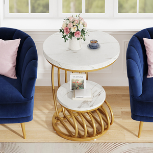 Accento moderno <span class=keywords><strong>rotondo</strong></span> in legno <span class=keywords><strong>finto</strong></span> <span class=keywords><strong>marmo</strong></span> oro bianco tavolino con spazio di archiviazione per soggiorno camere da letto - Product Image 4