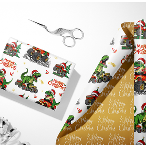 Papier d'emballage doré à double face, nouveau style de Noël, motif dinosaures montés sur camion, pour garçons et enfants - Product Image 2