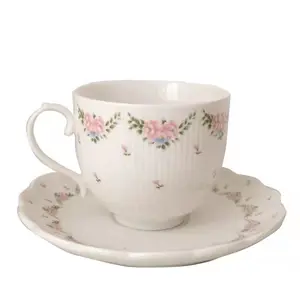 Franse Vintage Kant Reliëf Rose Huwelijkscadeau Afternoon Tea Keramische Koffie & Thee Kop En Schotel Set