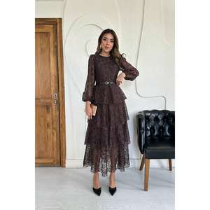 ชุดราตรีสีน้ำตาลทรงเอไลน์ ผ้าลูกไม้ คอโอ ซ้อนชั้นโปร่งบาง ผ้าชีฟองวินเทจ เอวธรรมชาติ แขนยาว - Product Image 5