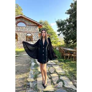 Robe blazer en satin noir à manches plissées, longueur entière, style veste pour femme - Product Image 5