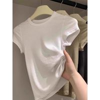 T-shirt blanc décontracté à épaules dénudées, col rond, manches courtes, couleur unie, tricoté 160g, pour femme, printemps 2025, coupe ajustée, flatteur pour la silhouette