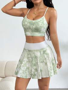 Set Rok Olahraga Pinggang Tinggi Tie Dye Kustom Dua Potong Tahan Guncangan Seksi untuk Wanita, Cocok untuk Gym, Golf, dan Tenis - Product Image 1