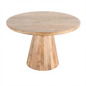 Premium <b>Solid</b> Mango <b>Wood</b> <b>Round</b> <b>Dining</b> <b>Table</b> with Sculptural Pedestal Base Natural Finish - Product Image 2