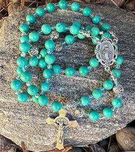 Collier de <span class=keywords><strong>prière</strong></span> vintage en perles de chapelet catholique turquoise avec crucifix en argent et médaille miraculeuse - Product Image 1