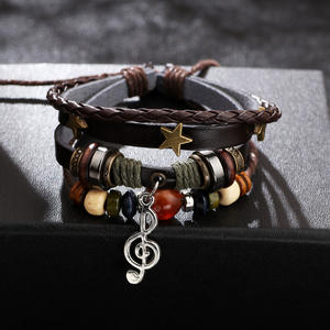 Bracelet réglable tendance en cuir avec perles en bois motif note de musique, design de niche, style bohème <span class=keywords><strong>hippie</strong></span>, bracelet vintage superposé en corde - Product Image 4
