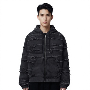 Men's Oversized Hooded Denim <b>Jacket</b> Front Logo <b>Fringe</b> Washed Streetwear Regular Sleeve Solid Color Winter Fit - Product Image 4