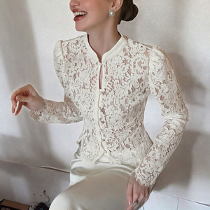 <b>Women</b> Lace Knitted Blouse Stand Collar <b>Long</b> Sleeve Slim Fit Button Front <b>Shirt</b> for Autumn Winter - Product Image 3