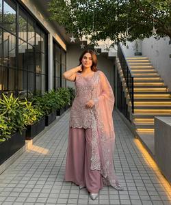 Heavy Natural Crep Silk Heavy Bids Hand Work Embroidery Sequence Work With Fully Flair Stone Work Top Plazzo with Dupatta Set - Product Image 4