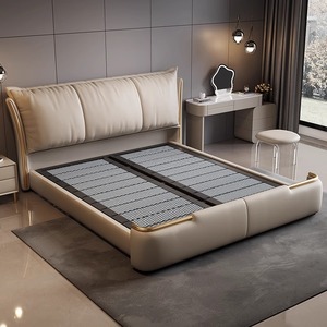 Villa italienne Lit double en cuir de luxe Chambre à coucher principale King Queen Rangement de lit en cuir souple haut de gamme Meubles multifonctions - Product Image 5