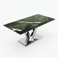 Table à manger de luxe en marbre vert émeraude botanique, moderne, écologique, faite à la main, avec base en acier inoxydable, mobilier pour la maison