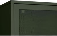 Meuble TV contemporain en fer avec portes coulissantes, étagères réglables, vert olive, design moderne pour salon, usage domestique 5+