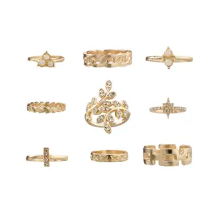 Conjunto de anel feminino retrô, conjunto de peças de diamante opala, folha e diamante, para a europa e os estados unidos