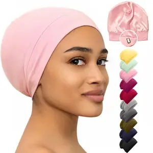 Lụa satin nắp ca-pô tóc bọc bìa ngủ cap cho ngủ Beanie đêm có thể điều chỉnh đầu mặc lót y tá cap Đen Phụ Nữ người đàn ông M46