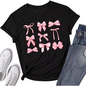 Pink Bow Shirt Women's Cotton T-Shirt With Cute Pastel Bows Trendy Coquette <b>Aesthetic</b> <b>Tops</b> For Girls And Women - Product Image 1