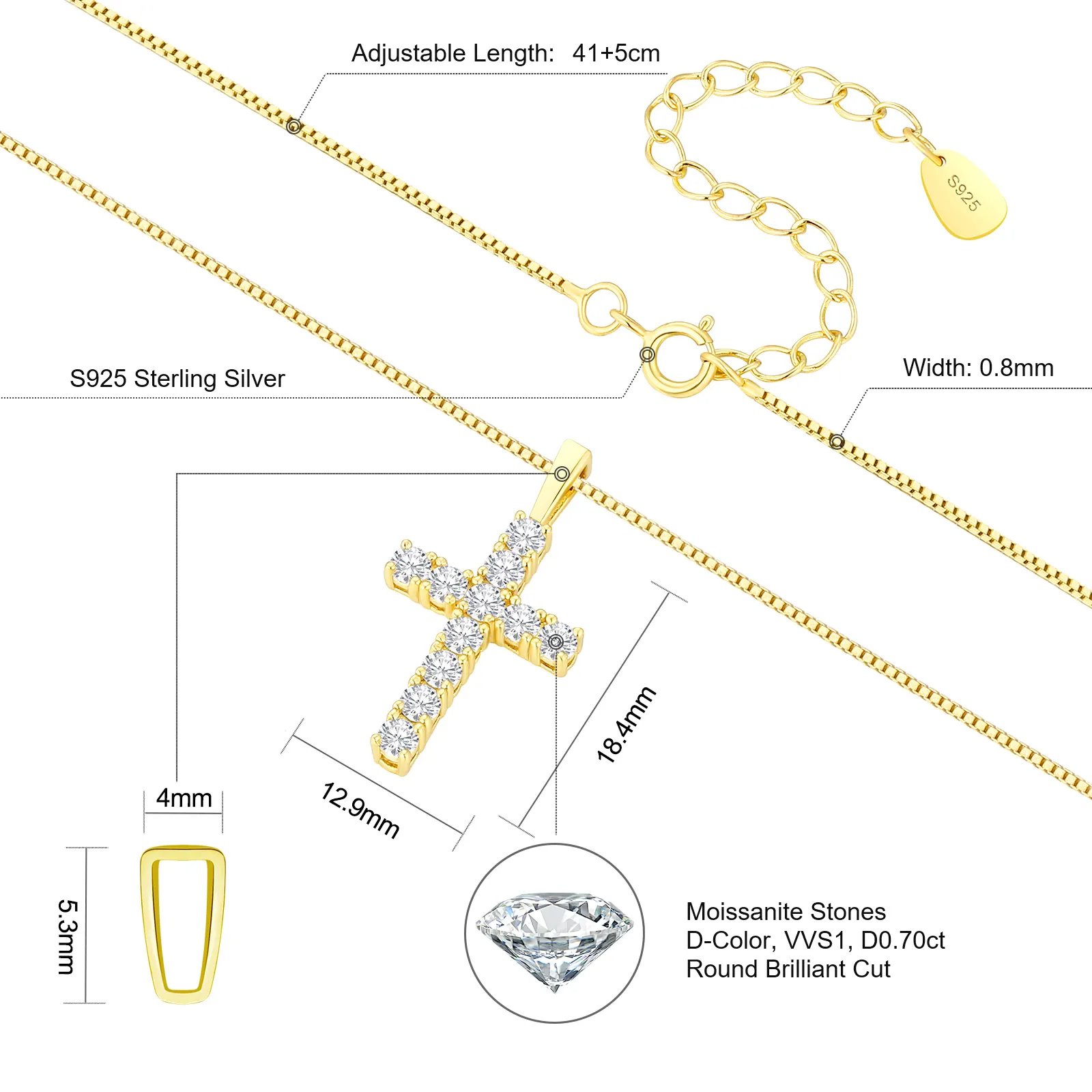 0,70 ct avec chaîne maille forçat S925 de 0,8 mm, 40,6 cm (16+2 pouces) - 0302GD