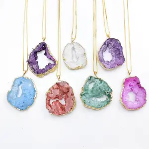 Natural Crystal Necklace Irregular Gold Plated Druzy Agates Pendant Connectors for Gift Ornaments