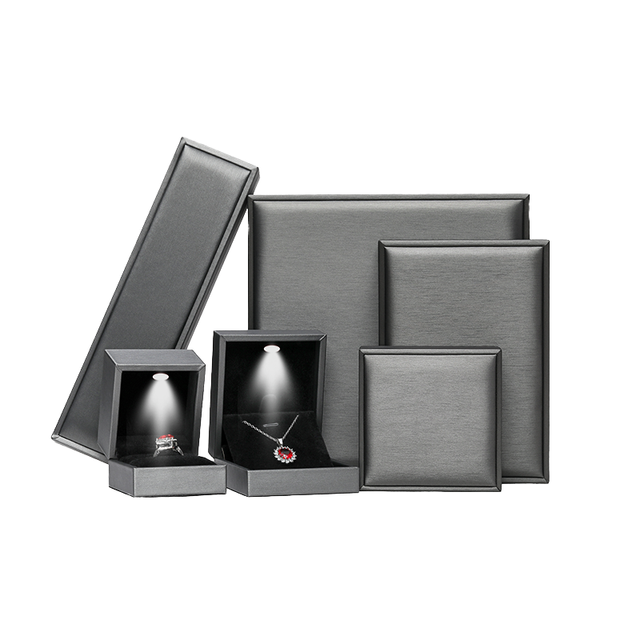 Zebo Luxury Gray Brushed Leather LED Jewelry Box Set Custom Logo Velvet Lined Ring Necklace Bracelet Packaging Boxes