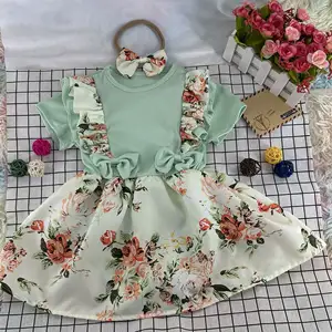 Vestido de bebê em tecido macio e confortável de proteção ecológica de algodão puro, saia floral com capa de peido