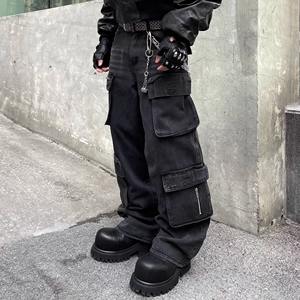 Pantalones vaqueros rectos holgados Unisex American Retro Street Multi-Pocket Bomber <span class=keywords><strong>Cargo</strong></span> Pants Casual Denim Fabric Washed para otoño - Product Image 3