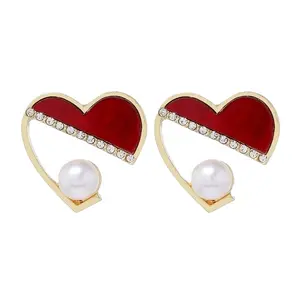 women diamond fashion trendy wedding Korean graceful red black cuff cute pearl gold heart earrings stud