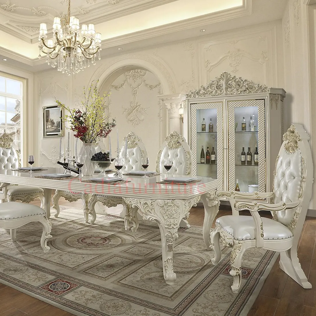 Мебель для столовой кремового цвета в европейском стиле, один стол с 8 стульями, обеденный стол и стулья из массива дерева