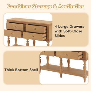 Consolle vintage 42 pollici con 4 cassetti a chiusura ammortizzata, gambe classiche tornite, struttura in legno massello, impiallacciatura in pino, fondo spesso - Product Image 6