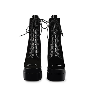WETKISS-Botas de tacón alto grueso OEM para mujer, <span class=keywords><strong>botines</strong></span> de charol negro, <span class=keywords><strong>botines</strong></span> de doble plataforma con cordones, venta al por mayor - Product Image 3