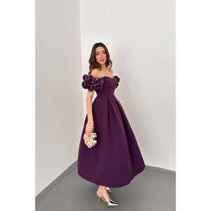 Vestido de Noche Estilo Princesa Vintage al por Mayor, ODM, Color Morado, Satén, Pliegues de Globo, Patrón Bordado, Cintura Imperio, Estilo Fiesta, Talla XL - Product Image 4