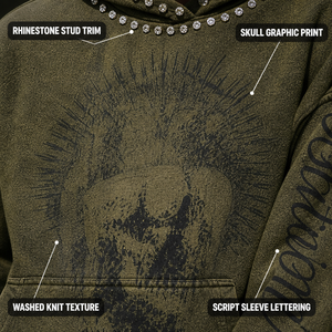 Sudadera con capucha oversize de punto con diseño de calavera y diamantes de imitación, lavado desgastado, estilo grunge, 450GSM, color oliva, para hombre - Product Image 2