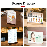 Support de présentoir publicitaire pour menu, affiche ou image en acrylique transparent en forme de T, personnalisé en usine, avec base en bois de noyer