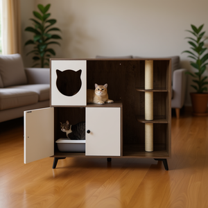 Appartement pour chat avec bac à litière et griffoir, meuble de rangement pour le confort félin, modèle D0100HA7QUY - Product Image 2