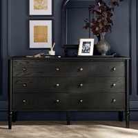Commode vintage française en chêne noir à 6 tiroirs, large commode avec poignées en laiton, meuble de rangement pour chambre à coucher ou salon