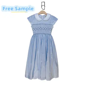 Smocked Children Clothing Pale Blue Gingham Embroidered with Sweet White Blooms Special Occasion Dresses for Baby Girls