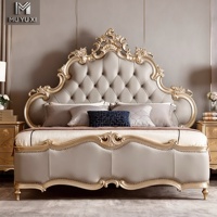 Lit de Luxe Français en Cuir Véritable Sculpté Or, Cadre en Bois Massif avec Sommier à Lattes Silencieuses, Ensemble de Chambre Parentale Style Cour