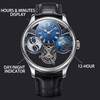 Montre squelette personnalisée OEM ODM avec logo, globe rotatif 24H, indicateur jour/nuit, montre-bracelet mécanique automatique de luxe pour homme, faible MOQ