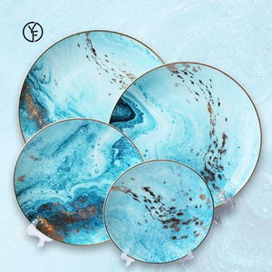 Vaisselle de restaurant, ensemble de dîner classique bleu moderne, vaisselle en porcelaine, table ronde pour 8 personnes, ensemble d'assiettes en céramique - Product Image 4