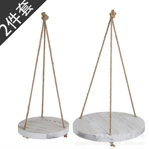 Hanging Plant Stand Round Wooden Rope <b>Floating</b> Frame Single Layer Solid Wood Distressed <b>Wall</b> Mounted Display <b>Shelves</b> - Product Image 3
