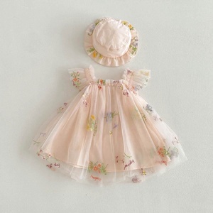 Robe en maille sans manches pour petites filles, avec broderie florale, avec chapeau assorti, tenue de fête quotidienne d'été - Product Image 4