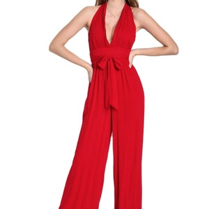 Mono casual para mujer, sexy, sin espalda, con cuello en V profundo, con lazo frontal y pierna ancha - Product Image 1