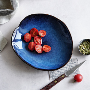 Assiette en céramique de porcelaine bleue vintage japonaise, transformée au four, irrégulière, durable, pour mariage, <span class=keywords><strong>salade</strong></span> et pâtes - Product Image 1