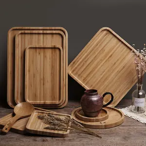 Grosir Amazon Panas Modern Organik Persegi Panjang Stackable Lackwood Makanan Ringan Kayu Bambu Melayani Nampan Set untuk Mangkuk Teh