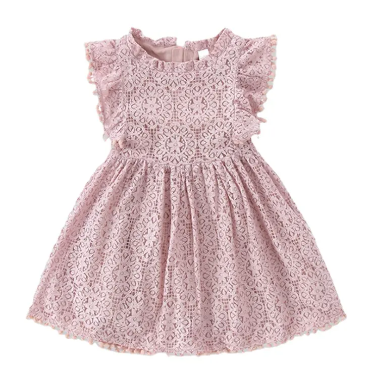 1-7 Princess Girl's Boutique Knitted Floral Cotton Summer Kids Pink White Lace Dresses Ruffle Baby Girls Dress