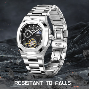 Reloj mecánico LIGE para hombre, correa de acero inoxidable, resistente al agua, 10 bar, plateado y negro - Product Image 4