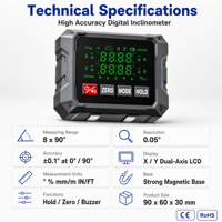 Inclinómetro Digital de Doble Eje con Precisión de 0.1 Grados, Base Magnética, Pantalla LCD, Herramienta de Medición, Certificación CE RoHS