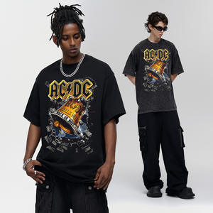 Vintage Bell Rock Band <span class=keywords><strong>AC</strong></span>/DC Bootleg americano lavato e sfangato allentato pesante tendenza a <span class=keywords><strong>maglia</strong></span> con stampa Casual tinta unita oversize - Product Image 2