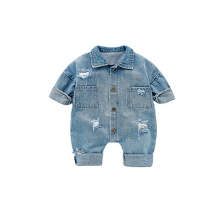 Pelele vaquero con borlas lavadas para niñas recién nacidas, mono retro con una hilera de botones para bebés, para exteriores, 2022 - Product Image 1
